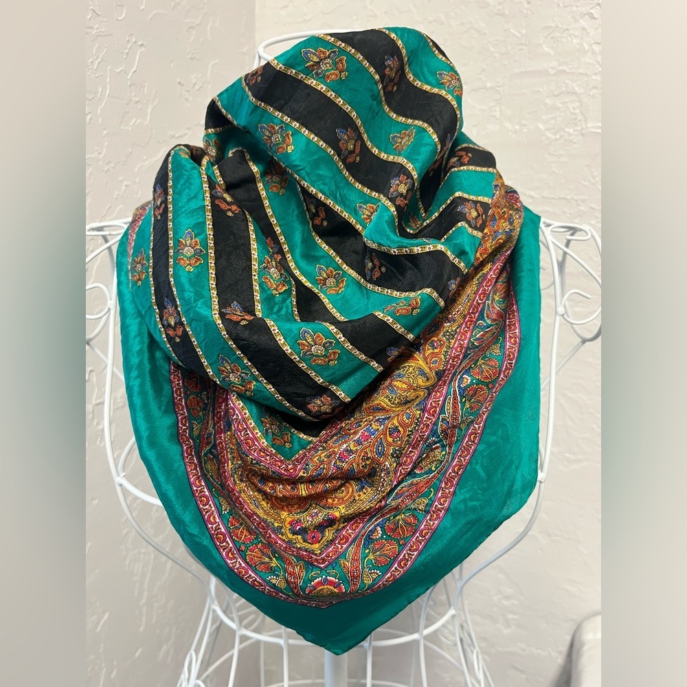 Vintage Green Blue Gold Pink Black Paisley Silk Scarf